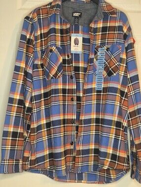 NWT Lands' End Blue, Brown and Black Plaid Button-Down Cotton Shirt Mens Large